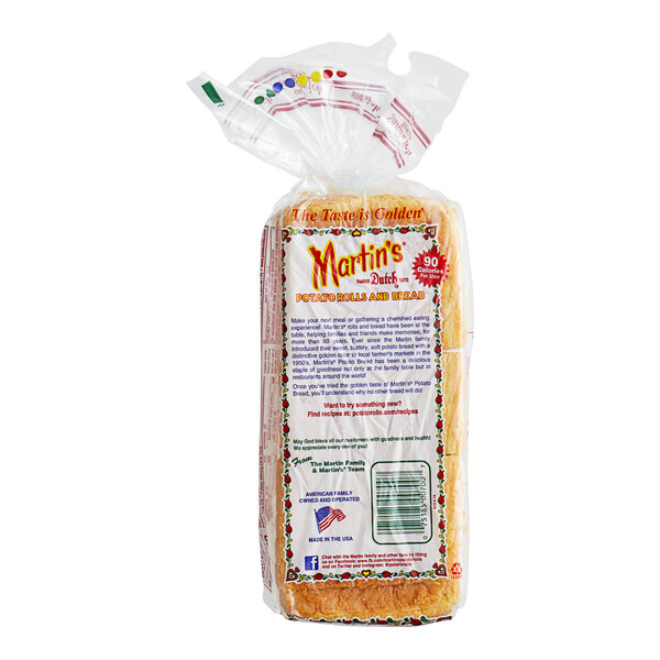 A plastic-wrapped loaf of Martin's potato bread.