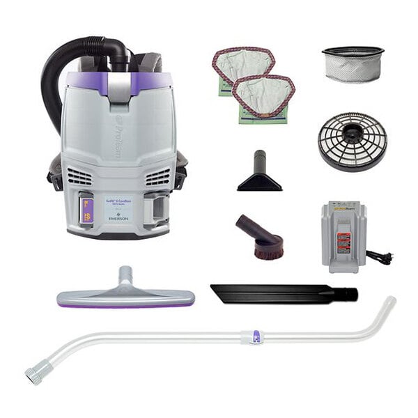 A ProTeam GoFit cordless backpack vacuum with accessories including a wand.