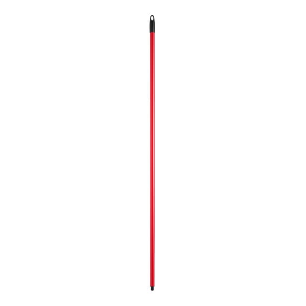 A long red metal broom handle with a black tip.