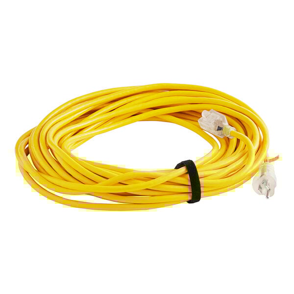 A close-up of a yellow ProTeam vacuum extension cord with a black stripe.