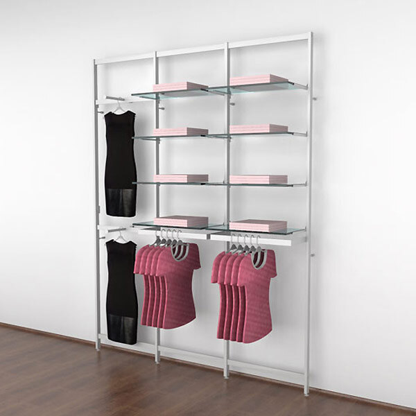 A white Udizine retail clothing display rack with clothes on hangers.