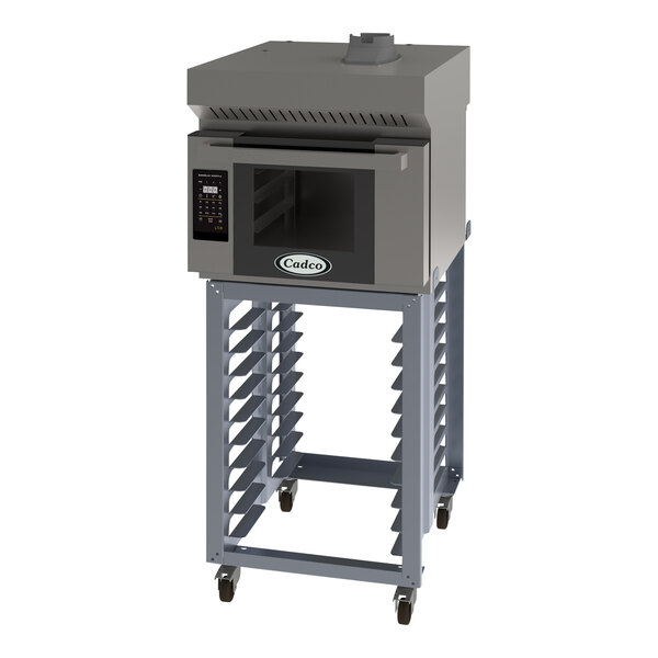 A grey Cadco Bakerlux countertop convection oven with wheels.