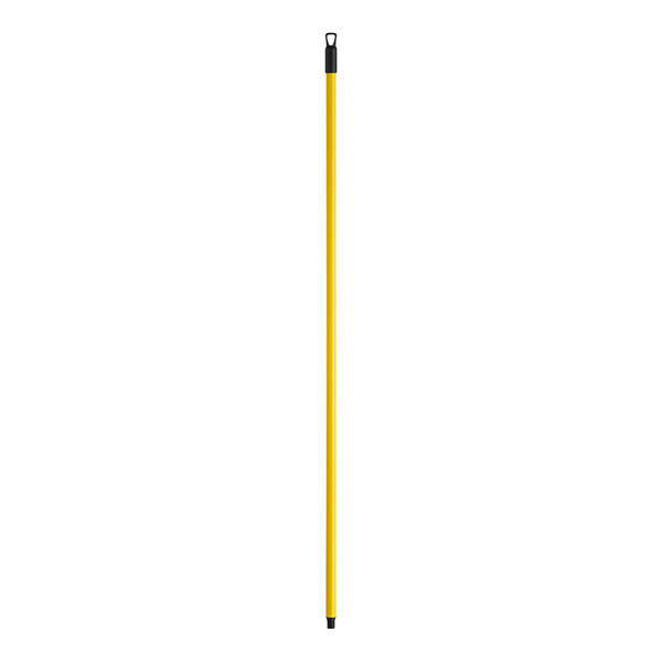 A yellow metal pole with black threading.