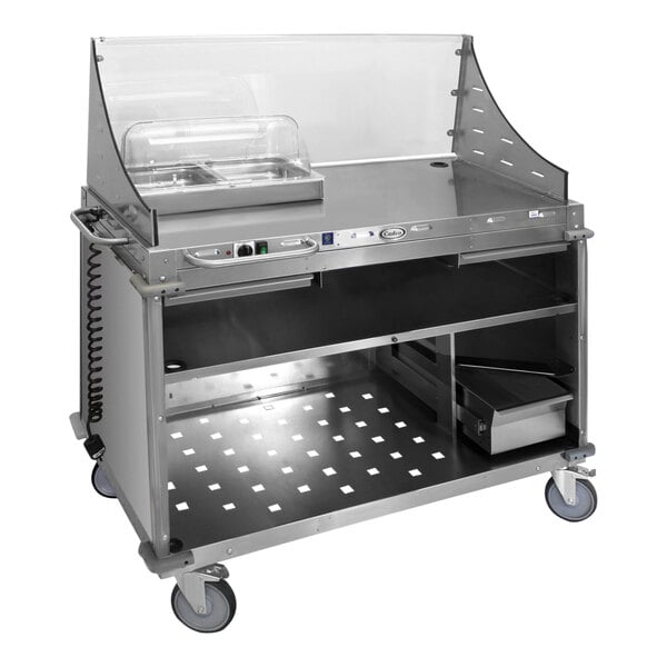 A stainless steel Cadco large demo cart with heated buffet server.