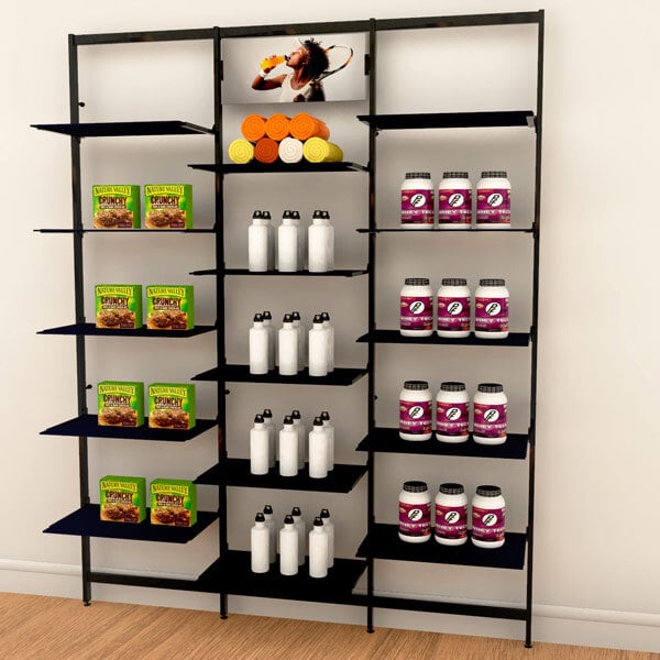 A black Udizine retail clothing display shelf with a sign and mirror clamp set.