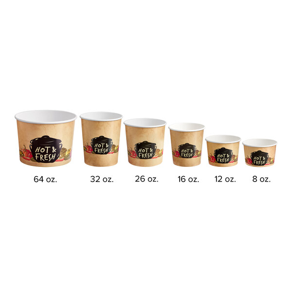 A row of Choice paper soup cups with different designs and sizes.