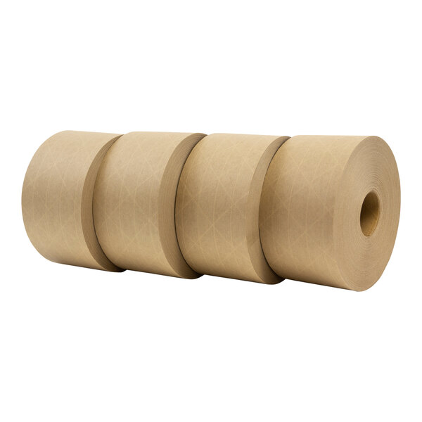 Three rolls of brown paper with white paper on the ends.