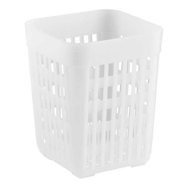 A white plastic cutlery holder with a square shape and vertical slotted sides.