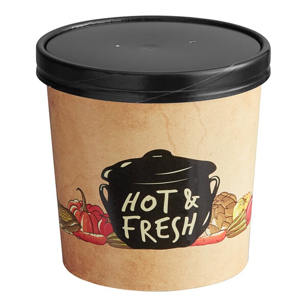 A Choice paper soup container with vented paper lid filled with hot food on a counter.