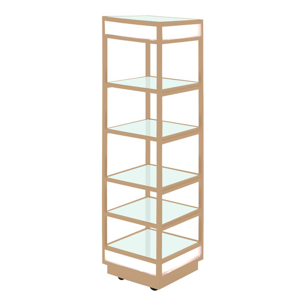 A Xylo bronze coated stainless steel mobile buffet display with tempered glass shelves.