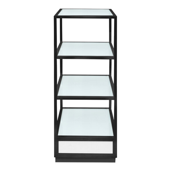A black and white Xylo stainless steel buffet display with glass shelves.