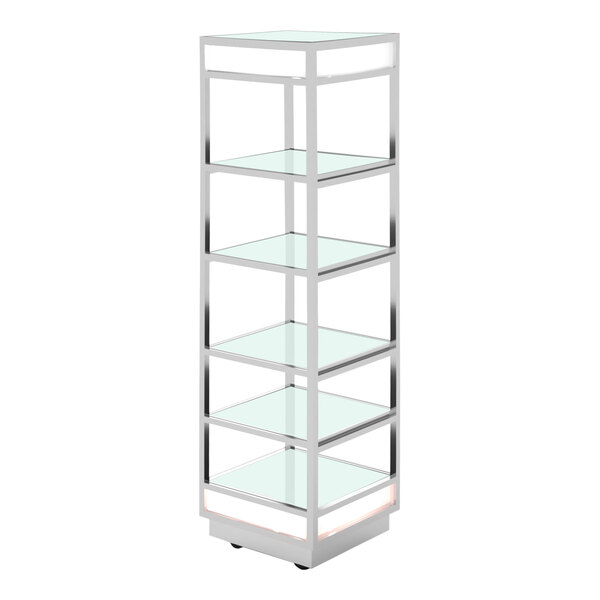 A stainless steel mobile buffet display with tempered glass shelves on a white background.