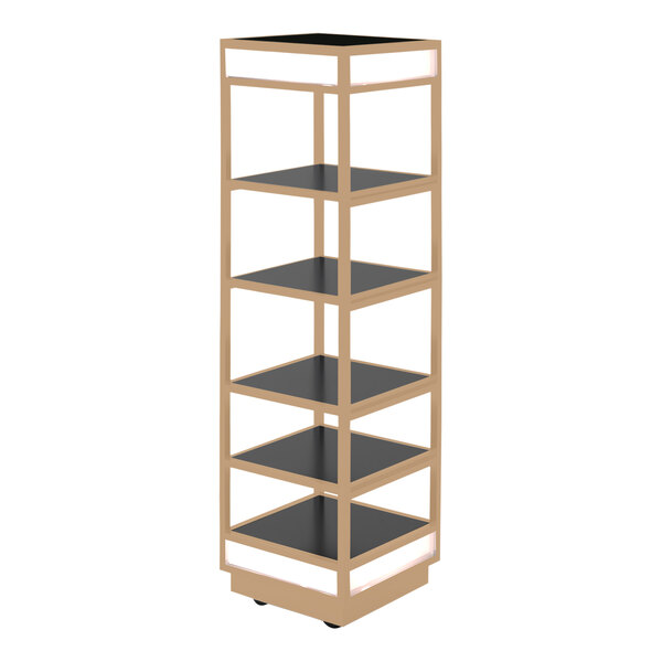 An Eastern Tabletop mobile buffet display with wood shelves and bronze coated stainless steel.