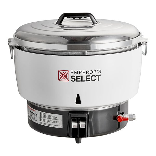 A white Emperor's Select natural gas rice cooker with a lid.