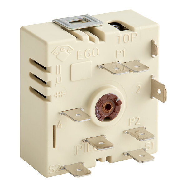 A white square Cooking Performance Group infinite switch with metal and metal parts.