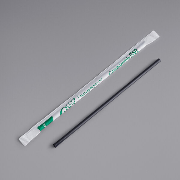 A black EcoChoice jumbo straw in a white wrapper.