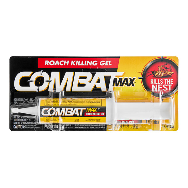 A white and yellow package of Combat Max Roach Killing Gel with a white cap.