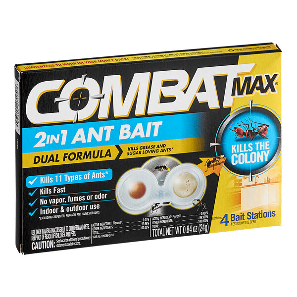 A box of Combat Max 2-in-1 Ant Bait on a counter.