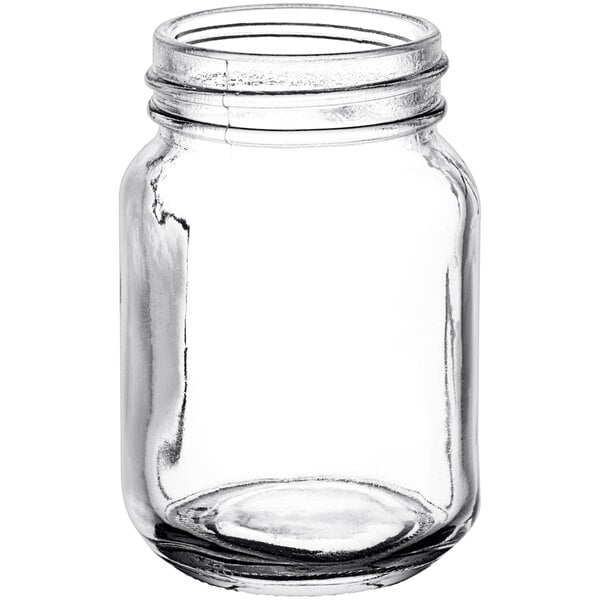 A clear glass mini mason jar with a threaded rim for a lid.