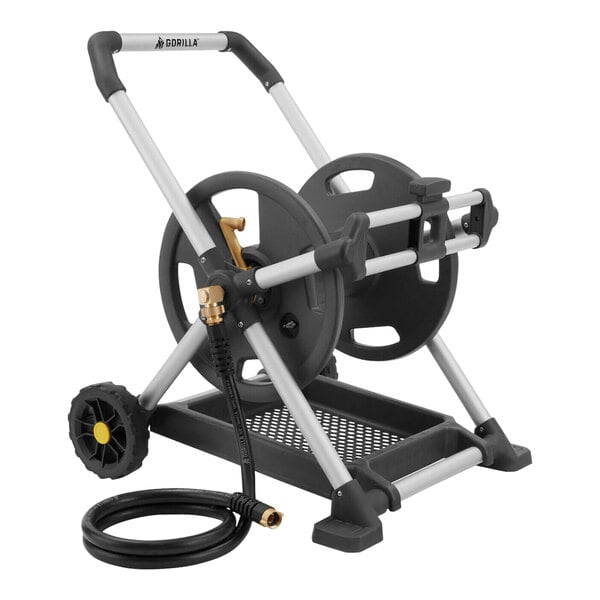 A black and silver Gorilla mobile hose reel with a garden hose attached.