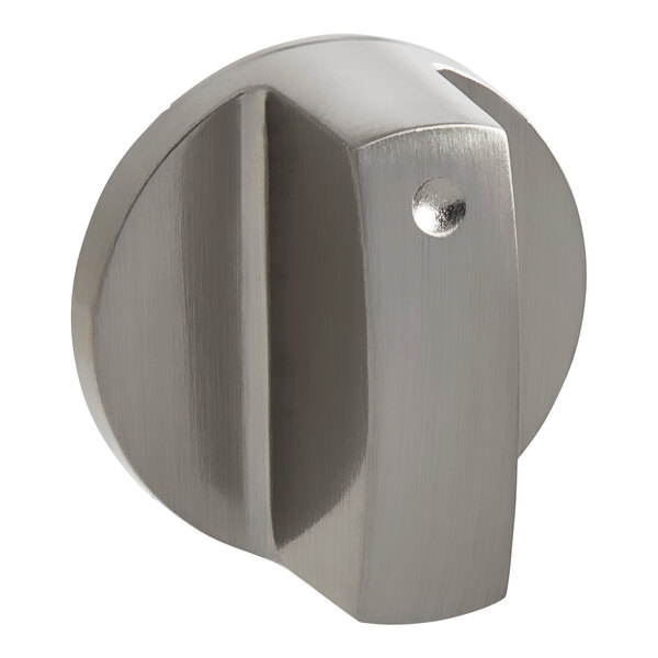 A silver stainless steel knob with a round hole.