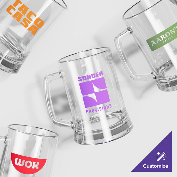 An Acopa beer mug with a purple logo.