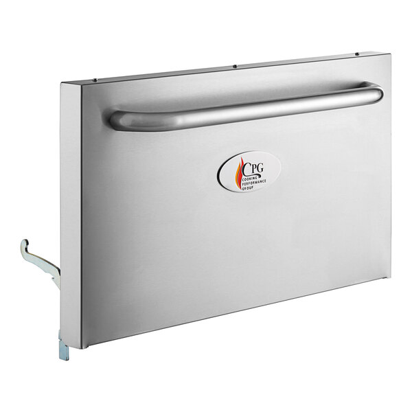 A stainless steel door assembly with a handle.