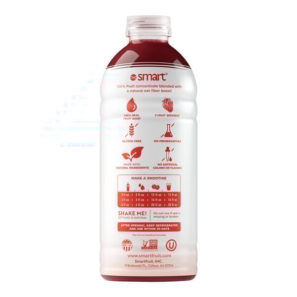 A white plastic bottle of Smartfruit Strawberry Bananza puree with red and white labels.