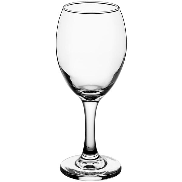 An Acopa wine glass with a short stem and clear glass.