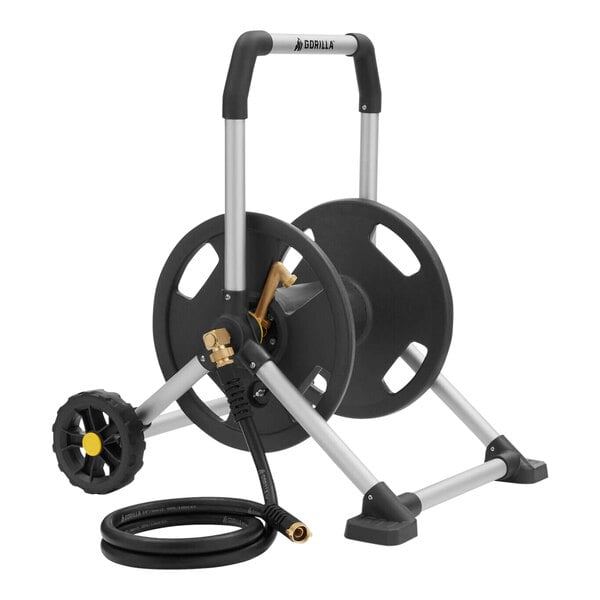 A black and silver Gorilla mobile hose reel with a hose attached.