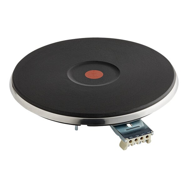 A black circular hot plate with a red circle in the center.