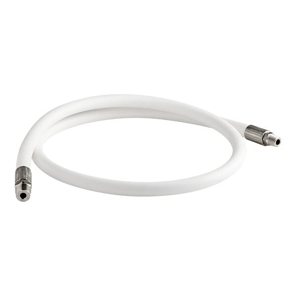A white hose with two metal connectors.