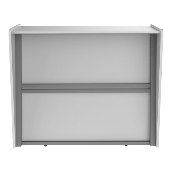 A white and grey Correll reception desk with a black border.