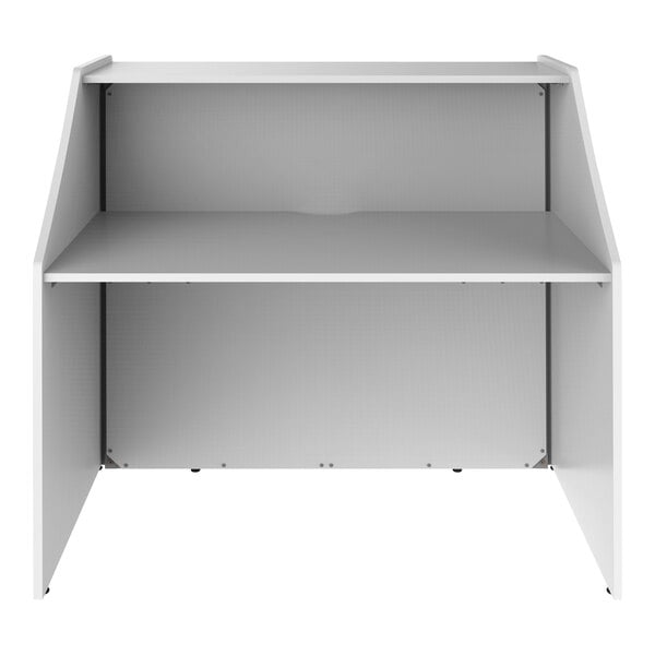 A white Correll reception desk with a shelf on top.