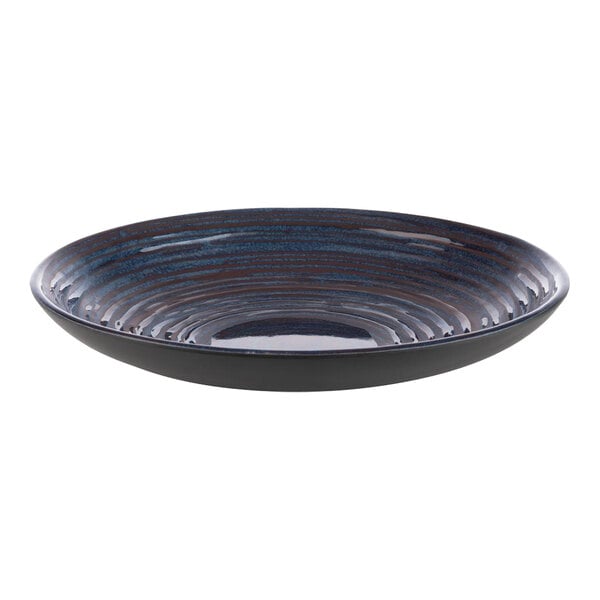 A blue and black APS Loops melamine plate with a rim.