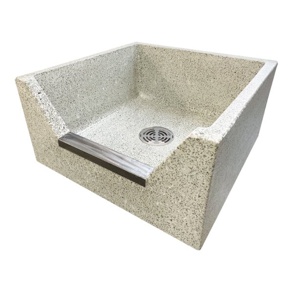 A square, speckled terrazzo mop sink basin with a 6-inch drop front and a stainless steel threshold cap, featuring a central drain.