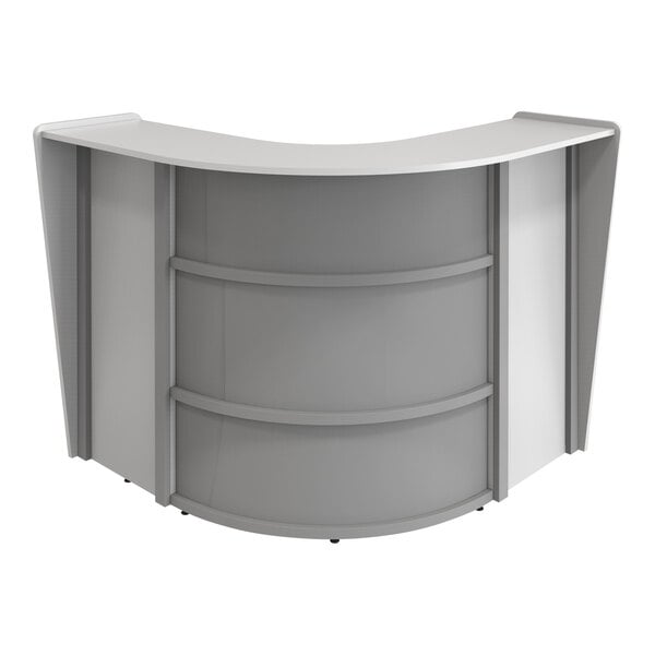A close up of a white and grey Correll curved reception desk counter.