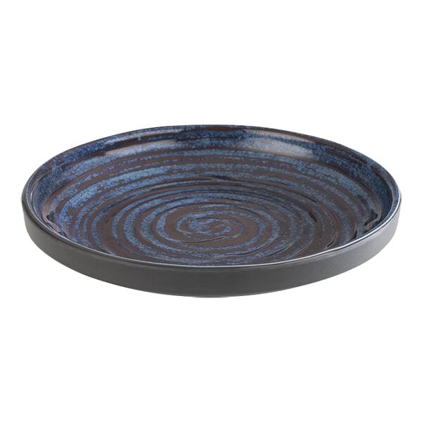 A blue and black APS melamine plate with a swirl design.