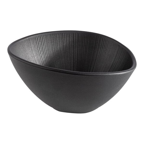 A black APS Nero melamine bowl with a curved edge and a spiral design.