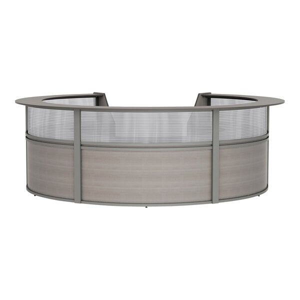 A Correll curved U-shape reception desk with glass panels.