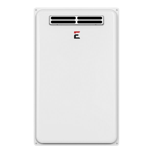 A white rectangular Eccotemp water heater with a logo on it.