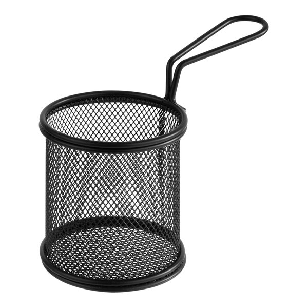 A matte black metal mesh round basket with a handle.