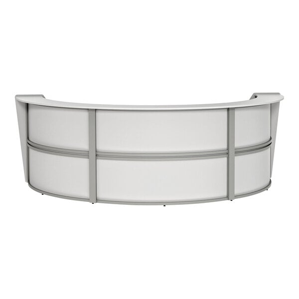 A white Correll curved U-shape reception desk.