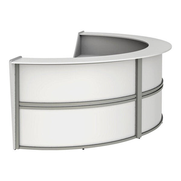 A white laminate Correll reception desk with a curved top.