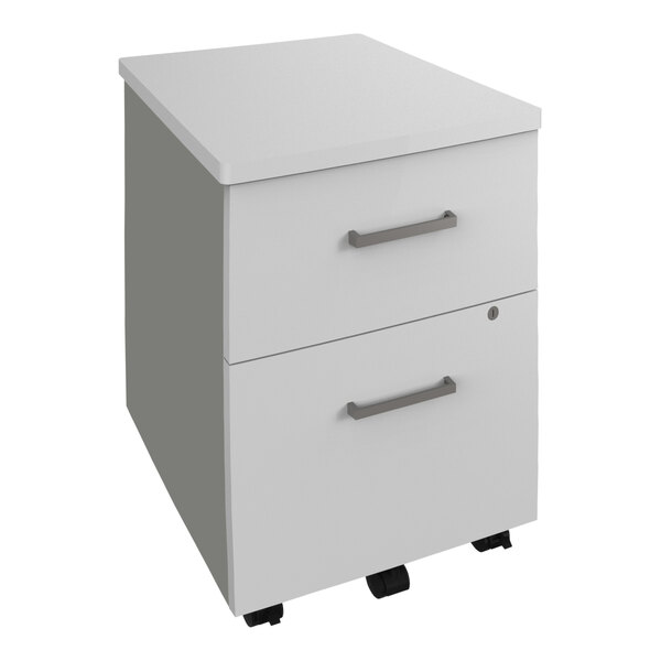 A white file cabinet with two drawers on wheels.