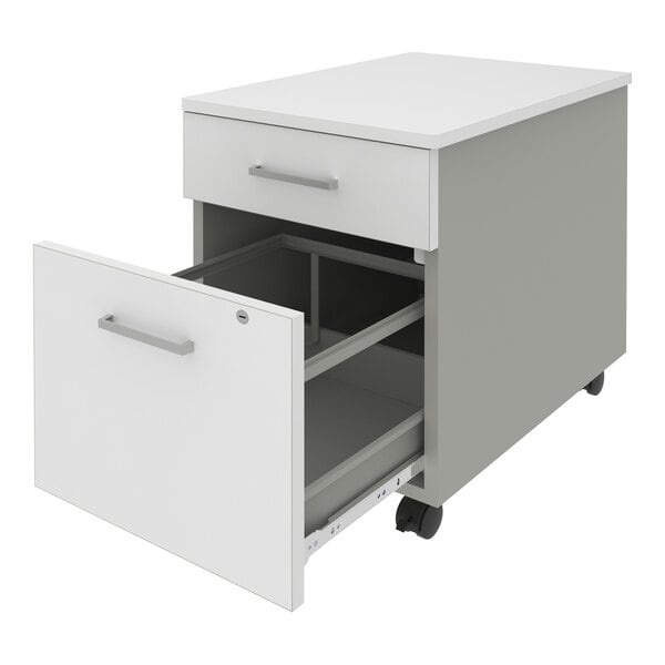 A white Correll mobile pedestal filing cabinet with 2 drawers.