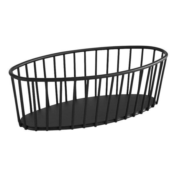 A black oval metal wire basket with a handle.