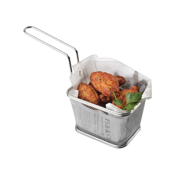 A rectangular stainless steel mini fry basket filled with fried chicken wings.