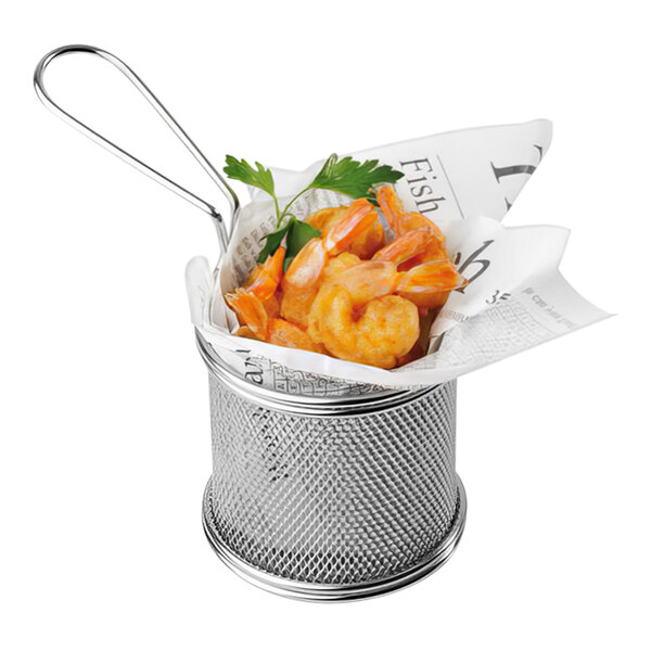 A round stainless steel mini fry basket filled with shrimp and vegetables.