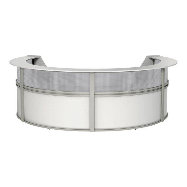 A white and grey curved reception desk with a silver base.